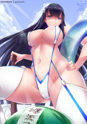 Rule 34 | 1girl, bad id, bad pixiv id, beach, black hair, blue eyes, blue sky, blush, breasts, cleavage, covered erect nipples, day, food, from below, fruit, gainoob, glaring, hand on own hip, innertube, kill la kill, kiryuuin satsuki, large breasts, long hair, navel, shaded face, sky, slingshot swimsuit, solo, sweat, swim ring, swimsuit, sword, thick thighs, thighs, watermark, watermelon, weapon, wooden sword