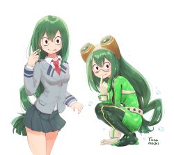 Rule 34 | 10s, 1girl, :&gt;, asui tsuyu, between legs, blazer, blush, bodysuit, boku no hero academia, breasts, closed mouth, collared shirt, commentary request, finger to mouth, green bodysuit, green hair, green skirt, grey jacket, hair between eyes, hair rings, hand between legs, index finger raised, jacket, long hair, low-tied long hair, medium breasts, multiple views, necktie, pleated skirt, red neckwear, runamochi, shirt, signature, skirt, squatting, tongue, tongue out, very long hair, water drop, wet, wet hair, white shirt