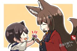 Rule 34 | 2girls, :d, ^ ^, amagi (azur lane), animal ears, azur lane, black hair, blunt bangs, bridal gauntlets, brown hair, closed eyes, commentary request, crossover, eyeshadow, flower, fox ears, fox girl, fox tail, giving, hair between eyes, hair ornament, holding, holding flower, japanese clothes, kaga (kancolle), kantai collection, kitsune, kyuubi, long hair, long sleeves, looking at another, makeup, multiple girls, multiple tails, open mouth, sidelocks, signature, simple background, smile, tail, taisa (kari), tasuki, thick eyebrows, twitter username, two-tone background, wide sleeves