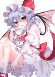 Rule 34 | 1girl, ascot, bare shoulders, bat wings, blush, commentary, frilled shirt, frilled skirt, frills, grey hair, hair ribbon, hat, highres, looking at viewer, mob cap, open mouth, red ascot, red eyes, red footwear, red nails, red ribbon, remilia scarlet, ribbon, rori82li, shirt, short hair, simple background, skirt, socks, solo, touhou, white background, white hat, white shirt, white skirt, white socks, wings
