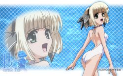 Rule 34 | 00s, 1girl, ass, blonde hair, green eyes, h2o footprints in the sand, hairband, looking back, okuda atsushi, one-piece swimsuit, open mouth, otoha (h2o), short hair, solo, swimsuit, wallpaper