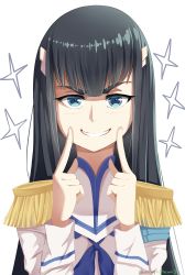 Rule 34 | 10s, 1girl, absurdres, artist name, black hair, blue eyes, blush, epaulettes, eyebrows, finger to face, fingersmile, grin, hair ornament, hews, highres, junketsu, kill la kill, kiryuuin satsuki, long hair, long sleeves, looking at viewer, neckerchief, out of character, school uniform, simple background, smile, solo, sparkle, upper body, white background