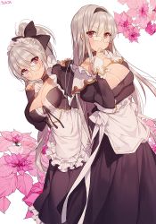 Rule 34 | 2girls, apron, artist name, bad id, bad pixiv id, blush, bow, breasts, choker, cleavage, flower, glasses, hair bow, hairband, hand to own mouth, large breasts, long hair, looking at viewer, maid, maid apron, maid headdress, multiple girls, multiple persona, original, ponytail, silver hair, sukja