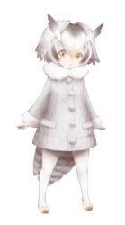 Rule 34 | 10s, 1girl, arms at sides, bird tail, bird wings, coat, full body, fur-trimmed sleeves, fur collar, fur trim, grey coat, grey hair, hair between eyes, head wings, ise (0425), kemono friends, long sleeves, looking at viewer, multicolored hair, northern white-faced owl (kemono friends), orange eyes, pantyhose, shoes, short hair, simple background, solo, standing, tail, white background, white pantyhose, wings