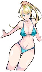 Rule 34 | 1girl, bikini, blonde hair, blue bikini, blue eyes, breasts, closed mouth, enpe, feet out of frame, highres, large breasts, long hair, metroid, mole, mole under mouth, navel, nintendo, ponytail, samus aran, simple background, smile, solo, swimsuit, white background