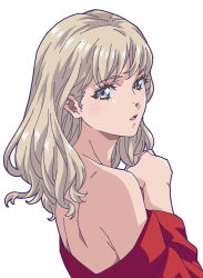 Rule 34 | 1girl, amano yo-ki, bare shoulders, blonde hair, blue eyes, from side, holding, holding own hair, looking at viewer, medium hair, off-shoulder shirt, off shoulder, open mouth, original, profile, shirt, shoulder blades, solo, upper body, white background