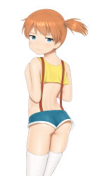 Rule 34 | 1girl, absurdres, ass, blue eyes, blush, creatures (company), female focus, from behind, game freak, highres, looking back, misty (pokemon), nintendo, orange hair, pokemon, pokemon (anime), pokemon (classic anime), sc naru, short shorts, shorts, side ponytail, simple background, solo, suspenders, thighhighs, white background, white thighhighs