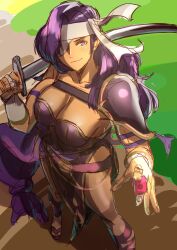 Rule 34 | 1girl, aduti momoyama, arm ribbon, armband, armor, belt, breasts, bridal gauntlets, cleavage, closed mouth, collarbone, dress, eyepatch, fingernails, fire emblem, fire emblem: new mystery of the emblem, fire emblem heroes, from above, gladiator sandals, headband, highres, holding, holding sword, holding weapon, large breasts, legs apart, long hair, malice (fire emblem), nintendo, over shoulder, pauldrons, pelvic curtain, purple armband, purple armor, purple belt, purple dress, purple eyes, purple footwear, purple hair, purple ribbon, ribbon, sandals, shoulder armor, side slit, single pauldron, sketch, smile, solo, standing, strapless, strapless dress, sword, weapon, weapon over shoulder, white bridal gauntlets, white headband