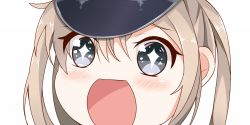 Rule 34 | 10s, 1girl, blonde hair, eyebrows, graf zeppelin (kancolle), grey eyes, hat, kantai collection, military hat, nahaki, open mouth, peaked cap, portrait, simple background, sin-poi, solo, sparkling eyes, white background