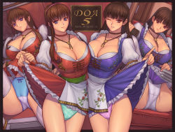 Rule 34 | 2girls, blue eyes, blue panties, bow, bow panties, breasts, brown eyes, brown hair, cameltoe, choker, cleavage, clothes lift, dead or alive, dirndl, german clothes, green panties, hitomi (doa), ibanen, large breasts, lei fang, long hair, multiple girls, one eye closed, panties, pink panties, plaid, plaid panties, skirt, skirt lift, underwear, waitress, white panties