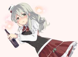 Rule 34 | 10s, 1girl, alcohol, asaoka (0x0), blush, bottle, bow, bowtie, breasts, brown eyes, corset, dot nose, drunk, dutch angle, grey hair, hair between eyes, hat, kantai collection, large breasts, long hair, looking at viewer, looking back, mini hat, miniskirt, open mouth, petticoat, pola (kancolle), puffy sleeves, shirt, simple background, skirt, skirt set, smile, solo, vest, wavy hair, white shirt, wine, wine bottle