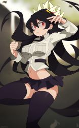 1girl absurdres black_hair female_focus filia_(skullgirls) highres navel once_11h pleated_skirt red_eyes samson_(skullgirls) skirt skullgirls solo teeth thighhighs