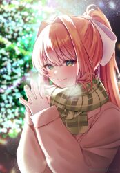 1girl absurdres blurry blurry_background blush bokeh breath coat depth_of_field doki_doki_literature_club green_hair green_scarf hair_intakes high_ponytail highres long_hair looking_at_viewer mi_tarou0412 monika_(doki_doki_literature_club) orange_hair own_hands_together ponytail scarf smile solo upper_body