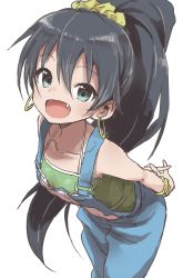 Rule 34 | 1girl, :d, arms behind back, bare shoulders, black hair, blue eyes, bracelet, breasts, collarbone, commentary request, earrings, fang, fingernails, ganaha hibiki, green shirt, hair between eyes, hair ornament, hair scrunchie, highres, hoop earrings, idolmaster, idolmaster (classic), jewelry, leaf, leaning forward, long hair, looking at viewer, open mouth, overalls, ponytail, scrunchie, shirt, simple background, sleeveless, small breasts, smile, solo, standing, very long hair, white background, yamamoto souichirou
