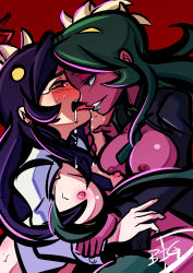 Rule 34 | 2girls, assertive female, big-d, biting, black hair, breast press, breasts, breasts out, crying, crying with eyes open, dark-skinned female, dark nipples, dark skin, extra mouth, femdom, filia (skullgirls), forced, fukua (skullgirls), green hair, green lips, highres, holding another&#039;s wrist, large breasts, lipstick, living hair, makeup, molestation, multiple girls, nipples, samson (skullgirls), shamone (skullgirls), skullgirls, tears, tongue, tongue out, yuri