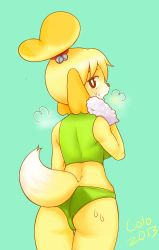 Rule 34 | 10s, 1girl, 2013, animal crossing, animal ears, artist name, ass, bell, blue background, body fur, colo (nagrolaz), dated, dog, dog girl, exercising, from behind, furry, furry female, hair bell, hair ornament, heavy breathing, highres, isabelle (animal crossing), looking back, midriff, nintendo, solo, sports bra, sweat, tail, thigh gap, topknot, towel