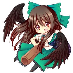 1girl arm_cannon bad_id bad_pixiv_id black_wings blush bow brown_hair chibi dress female_focus hair_bow highres looking_at_viewer open_mouth red_eyes reiuji_utsuho simple_background slit_pupils solo topia touhou transparent_background weapon white_background wings