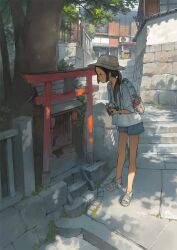 Rule 34 | 1girl, animated, architecture, backpack, bag, bag charm, bare legs, black eyes, black hair, blue bag, blue shorts, braid, camera, charm (object), closed mouth, day, east asian architecture, expressionless, female focus, full body, hat, highres, holding, holding camera, lantern, lineart, low twin braids, making-of, original, outdoors, paper lantern, profile, sandals, scenery, shade, shirt, short shorts, shorts, shrine, sidelocks, sketch, sleeves past elbows, solo, stairs, standing, torii, tree, twin braids, unconventional media, video, white footwear, white hat, white shirt, yoshida seiji