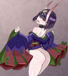 Rule 34 | 1girl, ass, back, blush, bottomless, breasts, choker, fang, fate/grand order, fate (series), highres, honjou raita, horns, japanese clothes, kimono, looking at viewer, looking back, nude filter, off shoulder, oni, open mouth, purple eyes, purple hair, shiny skin, short hair, shoulder blades, shuten douji (fate), sketch, skin-covered horns, smile, solo, third-party edit, wide hips, wide sleeves