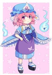Rule 34 | 1girl, absurdres, aged down, black footwear, blue hat, blue kimono, border, closed mouth, doku yanagi, frilled kimono, frills, full body, ghost, hands on own hips, hat, highres, japanese clothes, kimono, long sleeves, looking at viewer, mob cap, pink background, pink eyes, pink hair, saigyouji yuyuko, short hair, short sleeves, smile, solo, standing, star (symbol), touhou, touhou lostword, triangular headpiece, white border, wide sleeves