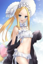 Rule 34 | 1girl, abigail williams (fate), abigail williams (swimsuit foreigner) (fate), abigail williams (swimsuit foreigner) (third ascension) (fate), absurdres, bare shoulders, bikini, black jacket, blonde hair, blue eyes, blue sky, bonnet, bow, breasts, fate/grand order, fate (series), forehead, hair bow, highres, innertube, jacket, long hair, looking at viewer, miniskirt, navel, off shoulder, open clothes, open jacket, open mouth, parted bangs, sidelocks, skirt, sky, small breasts, smile, solo, swim ring, swimsuit, thighs, tsurupy, twintails, very long hair, white bikini, white bow, white headwear