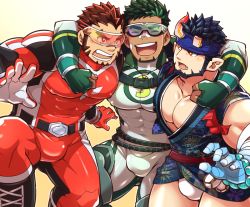 Rule 34 | 3boys, akashi (live a hero), aopanda, arm around shoulder, bandages, bandaged arm, bandages, bara, beard, black hair, blush, bodysuit, broken horn, bulge, covered abs, covered erect nipples, covered navel, dark-skinned male, dark skin, demon boy, demon horns, facial hair, fundoshi, goatee, green bodysuit, green hair, happi, headband, horns, japanese clothes, kyoichi (live a hero), large pectorals, live a hero, long sideburns, male focus, male underwear, mature male, multicolored hair, multiple boys, muscular, muscular male, nessen (live a hero), no pants, partially unbuttoned, pectoral cleavage, pectorals, red bodysuit, red eyes, red hair, short hair, sideburns, skin tight, smile, streaked hair, thick eyebrows, thick thighs, thighs, two-tone hair, white male underwear