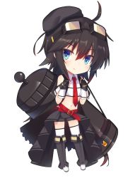 Rule 34 | 1girl, ahoge, belt, beret, black footwear, black gloves, black hat, black shorts, blue eyes, blush, boots, brown hair, cannon, chibi, closed mouth, collared shirt, fingerless gloves, flat chest, full body, gloves, goggles, goggles on head, hair between eyes, hat, kanon (sennen sensou aigis), knee boots, long hair, looking at viewer, navel, red neckwear, sennen sensou aigis, shirt, short shorts, shorts, smile, solo, standing, thighhighs, transparent background, v-shaped eyebrows, very long hair, white shirt, white thighhighs, wing collar, yki