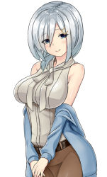 Rule 34 | 1girl, alternate costume, bare shoulders, belt, blue eyes, blush, breasts, cosplay, ellen baker, ellen baker (cosplay), eyes visible through hair, hair ornament, hair over one eye, hairclip, hamakaze (kancolle), jacket, kantai collection, large breasts, long sleeves, looking at viewer, new horizon, open clothes, open jacket, shirt, short hair, silver hair, simple background, sin (kami148), skirt, sleeveless, smile, solo, v arms, white background