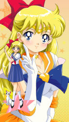 Rule 34 | 1990s (style), 1girl, aino minako, anime coloring, artemis (sailor moon), bishoujo senshi sailor moon, blonde hair, blue eyes, blue sailor collar, bow, cat, crescent, crescent facial mark, crossed legs, dual persona, elbow gloves, facial mark, gloves, hair bow, half updo, highres, kneehighs, long hair, mikiky, official style, pleated skirt, red bow, retro artstyle, sailor collar, sailor venus, school uniform, serafuku, skirt, socks, standing, star (symbol), white cat, white gloves, white socks
