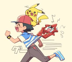 Rule 34 | 1boy, :d, ame (ame025), ash ketchum, baseball cap, black hair, blue footwear, bracelet, brown pants, closed eyes, commentary request, creatures (company), flying sweatdrops, from side, game freak, gen 1 pokemon, gen 4 pokemon, hat, jewelry, male focus, motion lines, nintendo, on head, open mouth, pants, pikachu, pokemon, pokemon (anime), pokemon (creature), pokemon on head, pokemon sm (anime), red headwear, rotom, rotom dex, running, shirt, shoes, short hair, short sleeves, smile, striped clothes, striped shirt, t-shirt, tongue, z-ring, |d