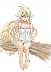 Rule 34 | 1girl, barefoot, blonde hair, fairy tail, feet, green eyes, mashima hiro, mavis vermilion, simple background, solo, white background