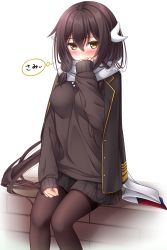 Rule 34 | 1girl, adjusting scarf, azur lane, black hair, black jacket, black pantyhose, black skirt, black sweater, blush, breasts, embarrassed, enpera, feet out of frame, fingernails, hair between eyes, hand on lap, highres, jacket, jacket on shoulders, long hair, long sleeves, looking at viewer, low-tied long hair, medium breasts, mikasa (azur lane), miniskirt, nail polish, open clothes, open jacket, pantyhose, pleated skirt, scarf, simple background, sitting, skirt, sleeves past wrists, solo, sweater, thighband pantyhose, thought bubble, translated, white background, white scarf, yellow eyes, yellow nails, yoye (pastel white)