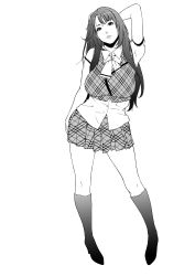 Rule 34 | 1girl, absurdres, breasts, female focus, full body, greyscale, highres, long hair, monochrome, plaid, ribbon, simple background, skirt, solo, standing, syuuen, uniform, white background