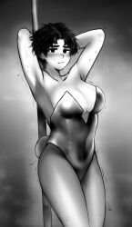 Rule 34 | 1girl, absurdres, armpits, arms behind head, arms up, blush, borrowed design, breasts, dead by daylight, fake tail, genderswap, genderswap (mtf), greyscale, hg kyle, highres, jake park, large breasts, monochrome, nervous, nervous sweating, pantyhose, pole, rabbit tail, short hair, solo, strapless, stripper pole, sweat, tail