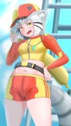 Rule 34 | absurdres, animal ears, bad id, bad pixiv id, belt, cat ears, cat girl, cat tail, fangs, grey hair, hat, highres, kemono friends, kemono friends 3, lifeguard chair, midriff, multicolored hair, navel, negimisoneko, open mouth, pallas&#039;s cat (kemono friends), shorts, solo, spotted hair, striped tail, swimsuit, tail, whistle, yellow eyes