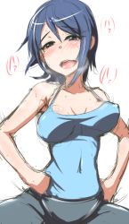 Rule 34 | 00s, 1girl, bare shoulders, blue eyes, blue hair, blush, bouncing breasts, breasts, clearite, collarbone, covered erect nipples, eyebrows, gainaxing, hair between eyes, half-closed eyes, idolmaster, idolmaster dearly stars, large breasts, matching hair/eyes, mizutani eri, open mouth, short hair, simple background, solo, sweat, tank top, white background