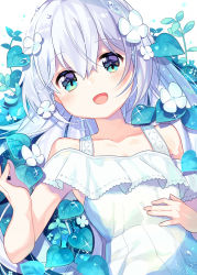 Rule 34 | 1girl, :d, bare shoulders, blue eyes, blush, collarbone, commentary request, dress, flower, hair between eyes, hair flower, hair ornament, highres, ikari (aor3507), long hair, looking at viewer, open mouth, original, silver hair, sleeveless, sleeveless dress, smile, solo, sparkle, split mouth, sundress, upper body, water drop, white dress