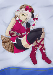 Rule 34 | alternate breast size, bed sheet, black shorts, black thighhighs, blonde hair, boots, bow, braid, breasts, brown scarf, cross-laced footwear, deerstalker, dress, fetal position, fire emblem, fire emblem engage, flannel, framme (fire emblem), hat, hat ribbon, highres, lace-up boots, large breasts, long hair, looking at viewer, lying, migotaa, multicolored hair, nintendo, on bed, on side, pink bow, pink dress, pink footwear, pink hair, plaid, plaid headwear, plaid scarf, ribbon, scarf, shorts, single braid, sleeveless, sleeveless dress, smile, thighhighs, two-tone hair, wrist guards, yellow eyes
