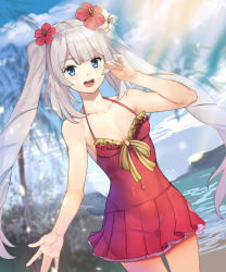 Rule 34 | 1girl, bad id, bad pixiv id, blue eyes, blush, breasts, cleavage, covered navel, fate/grand order, fate (series), flower, hair flower, hair ornament, long hair, marie antoinette (fate), marie antoinette (fate/grand order), marie antoinette (swimsuit caster) (fate), marie antoinette (swimsuit caster) (first ascension) (fate), one-piece swimsuit, open mouth, red one-piece swimsuit, shovelwall, shovelwell, silver hair, skindentation, sleeveless, small breasts, smile, solo, sunlight, swimsuit, twintails