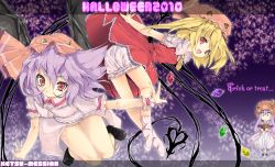 Rule 34 | 10s, 2010, 3girls, blonde hair, bloomers, bow, breasts, covered erect nipples, fang, female focus, flandre scarlet, flat chest, hair bow, halloween, hat, highres, jack-o&#039;-lantern, long hair, multiple girls, patchouli knowledge, pumpkin, pumpkin hat, purple hair, red eyes, remilia scarlet, shikinyan, short hair, siblings, side ponytail, sisters, small breasts, smile, socks, touhou, trick or treat, underwear, upskirt, wings, wrist cuffs