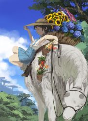 Rule 34 | 1girl, adjusting clothes, adjusting headwear, armpits, bad id, bad pixiv id, basket, brown hair, cloud, day, flower, flower request, from side, hat, highres, holding, holding reins, horse, lily of the valley, original, pachyphytum, reins, saddle, short hair, skirt, sky, solo focus, sun hat, sunflower, suspender skirt, suspenders, sweat, tree, tulip
