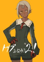 Rule 34 | 1girl, arm at side, copyright name, dark skin, dark-skinned female, facing viewer, flat chest, freckles, gaolingmaoyi guarien, gloves, hand on own hip, lal&#039;c mellk mal, long sleeves, red neckwear, short hair, simple background, solo, standing, top wo nerae 2!, white hair, yellow background, yellow eyes