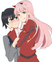 Rule 34 | 10s, 1boy, 1girl, black hair, blue eyes, couple, darling in the franxx, green eyes, hand on another&#039;s face, height difference, hiro (darling in the franxx), horns, hug, licking lips, long hair, military, military uniform, palettes, pink hair, short hair, tongue, tongue out, uniform, zero two (darling in the franxx)