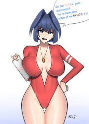 Rule 34 | 1girl, absurdres, blue eyes, blue hair, blush, breasts, center opening, gluteal fold, hair intakes, highres, hololive, hololive english, large breasts, legs together, long hair, looking at viewer, one-piece swimsuit, open mouth, ouro kronii, red one-piece swimsuit, shiny skin, short hair, solo, speech bubble, standing, swimsuit, talking, teeth, thigh gap, thighs, virtual youtuber, whistle, whistle around neck, xnijg