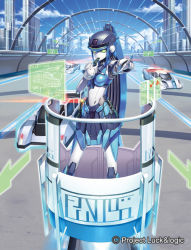 Rule 34 | 1girl, blowing whistle, breasts, car, commentary, green eyes, humanoid robot, luck &amp; logic, mecha, mechanical skirt, medium breasts, megaru, motor vehicle, mytea (soso), official art, pointing, police, police car, robot, solo