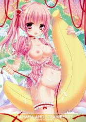 Rule 34 | 1girl, :d, absurdres, banana, blush, breasts, bridal garter, bust cup, food, fruit, highres, kohinata hoshimi, long hair, medium breasts, nipples, no bra, open clothes, open mouth, open shirt, original, panties, pink eyes, pink hair, pink panties, shirt, side-tie panties, smile, solo, straddling, striped clothes, striped panties, suggestive fluid, twintails, underwear, untied panties, vertical-striped clothes, vertical-striped panties