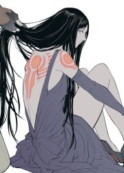 Rule 34 | 1girl, back tattoo, backless outfit, black hair, blue dress, blue eyes, castlevania (series), castlevania: order of ecclesia, closed mouth, detached sleeves, disembodied limb, dress, fingerless gloves, gloves, grel (r6hgvu5), high heels, long hair, looking at viewer, shanoa, simple background, solo, tattoo, very long hair, white background