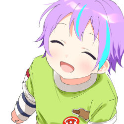 Rule 34 | 1boy, aged down, blue sky, blush, child, closed eyes, commentary, dot nose, facing viewer, from above, hk (wgyz7222), kamishiro rui, long sleeves, male focus, multicolored hair, open mouth, platypus, project sekai, purple hair, short bangs, short hair, simple background, sky, solo, streaked hair, two-tone hair, white background