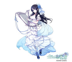 Rule 34 | 1girl, black footwear, black hair, blue gloves, blue legwear, blue nails, breasts, company name, copyright name, dougan calpis con, dress, earrings, fingerless gloves, flower, full body, gloves, hair flower, hair ornament, holding, holding instrument, idiom girl, instrument, jewelry, long hair, looking at viewer, lyre, medium breasts, nail polish, official art, see-through, simple background, solo, standing, toes, very long hair, watermark, white background, white dress