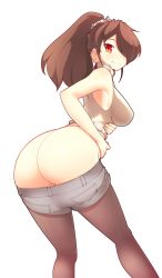 Rule 34 | 1girl, ass, bare shoulders, black pantyhose, breasts, brown hair, clothes pull, commission, fizintine, from behind, hair over one eye, highres, large breasts, long hair, looking at viewer, looking back, no panties, original, pantyhose, ponytail, red eyes, shorts, shorts pull, smile, solo, standing